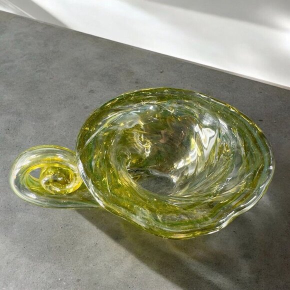 Vintage Sooner Glass Hand Made Green Swirls Dish Bowl Handmade Cornucopia Bowl - Picture 2 of 16